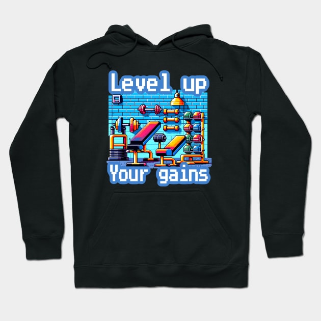 Pixel Power Gym: Level Up Your Gains - Retro Gaming Workout artwork Hoodie by Mysticmuse